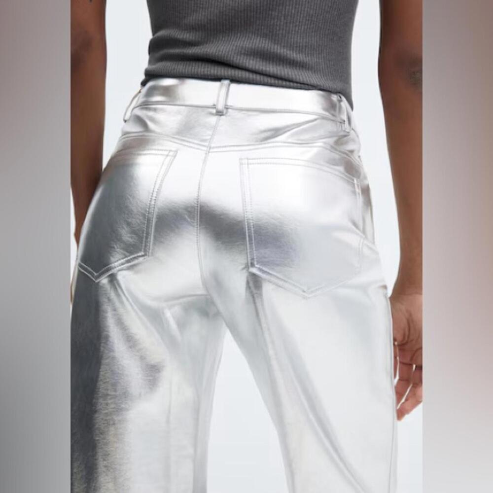 NWT MNG by MANGO SZ 4 Rave Metallic Mid Rise Silver Faux Leather Wide Leg Pants - Picture 5 of 7